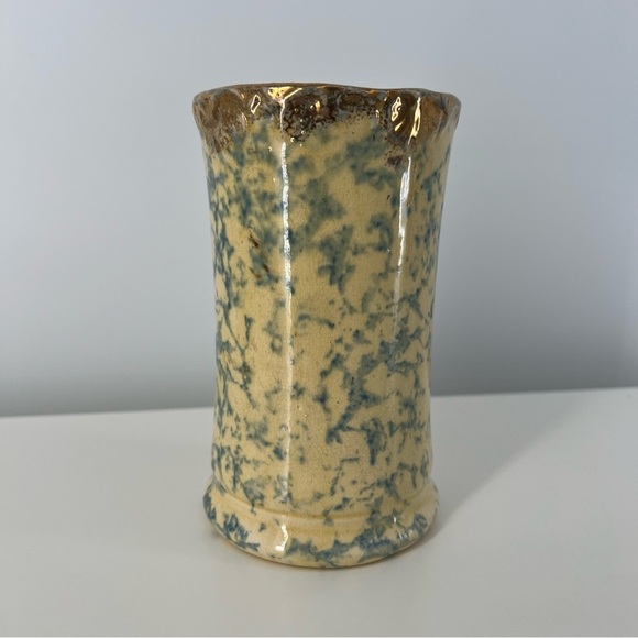 Vintage Small Blue Yellow Spongeware Stoneware Pitcher Vase Ceramic Piece - Picture 1 of 16